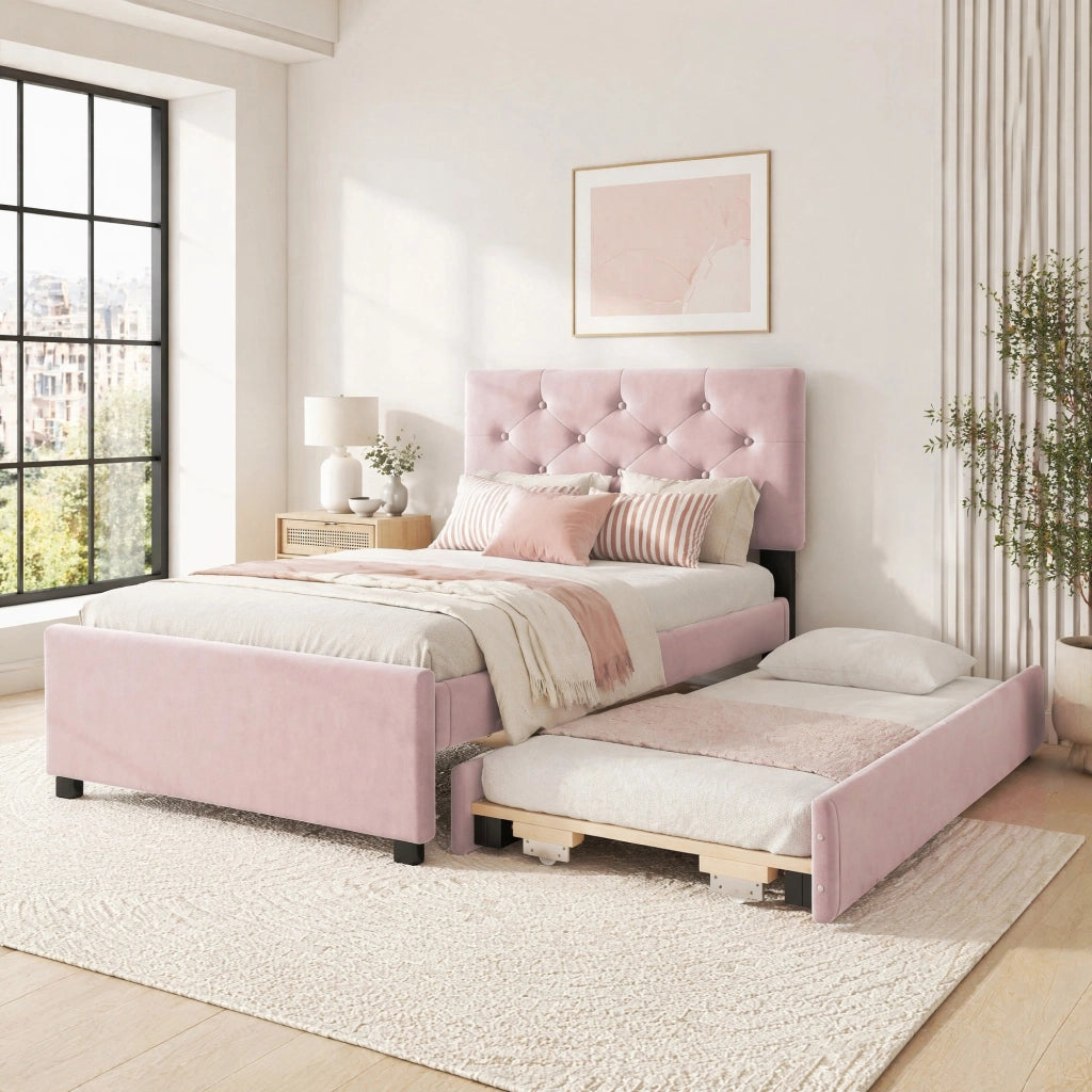 Letto imbottito 90x200 cm con rete a doghe e letto estraibile in velluto rosa