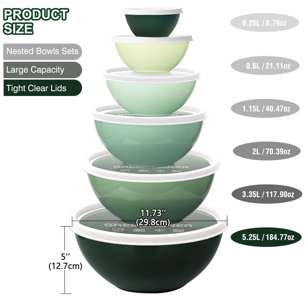 Set di ciotole con coperchi, 12 pezzi, 6 dimensioni, adatte al microonde, colore verde