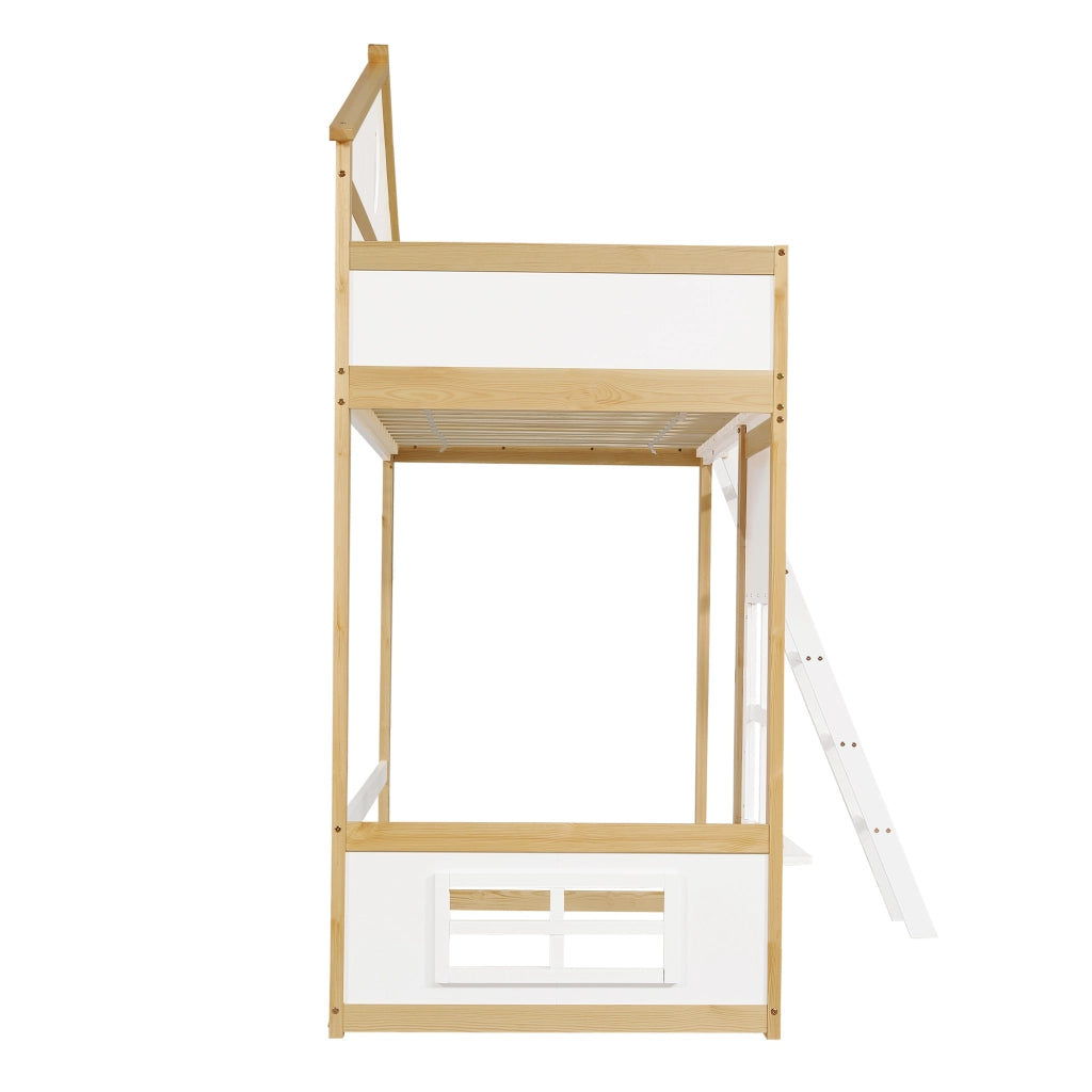 Letto a castello per bambini 90 × 200 cm con scala protezione anticaduta legno bianco e naturale con tetto