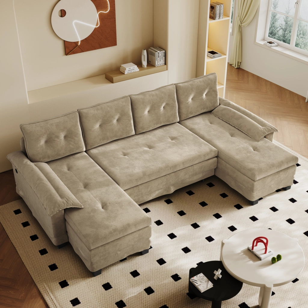 Divano letto panoramico a U modulare in chenille color cammello con letto estraibile; USB e 4 cuscini schienale