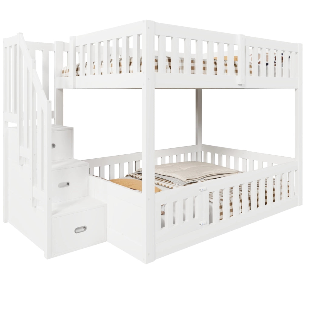 Letto a castello 140x200 cm in legno massello con scala e spazio contenitivo, bianco