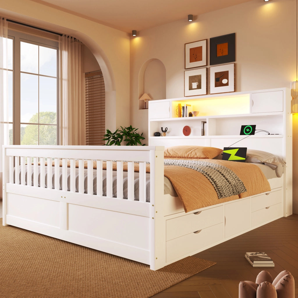 Letto con cassetti 160 × 200 cm con quattro cassetti; testiera libreria LED in MDF e compensato bianco