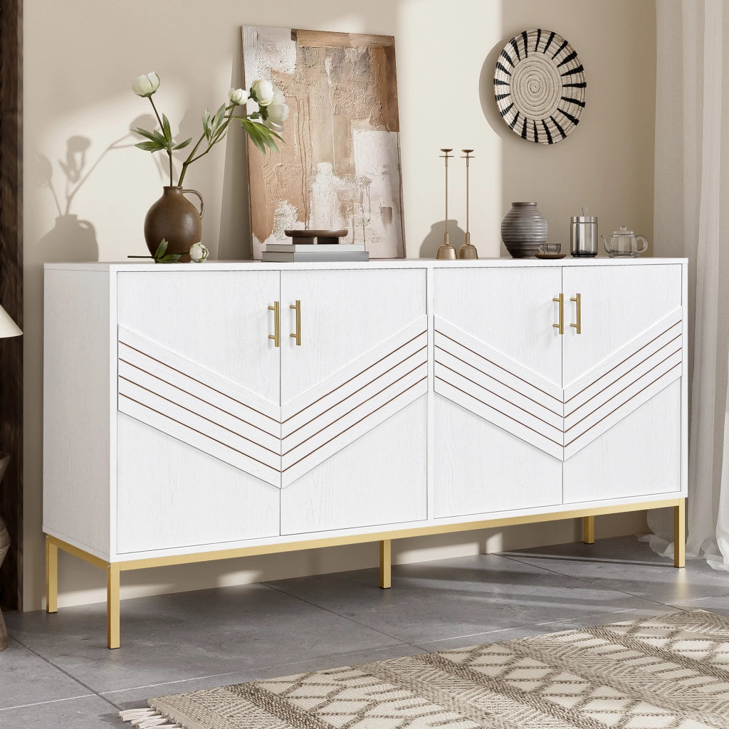 Credenza 160 × 40 × 80,5 cm quattro ante due ripiani regolabili MDF bianca con venature del legno e dettagli dorati