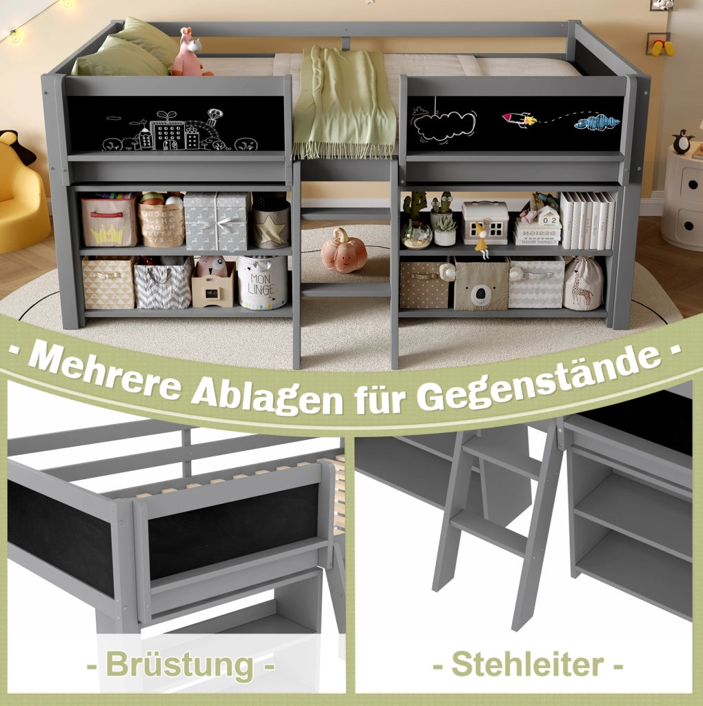 Letto rialzato per bambini 90x200 cm con ripiani; scala e lavagna in pino e MDF; grigio