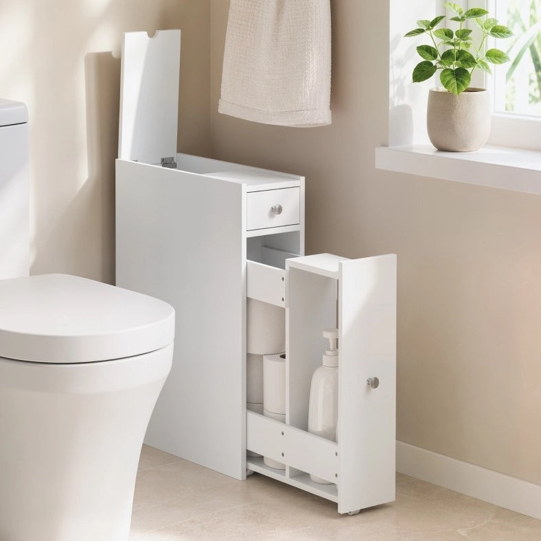 Mobiletto bagno stretto bianco con 2 cassetti e vano, 16x48x58 cm