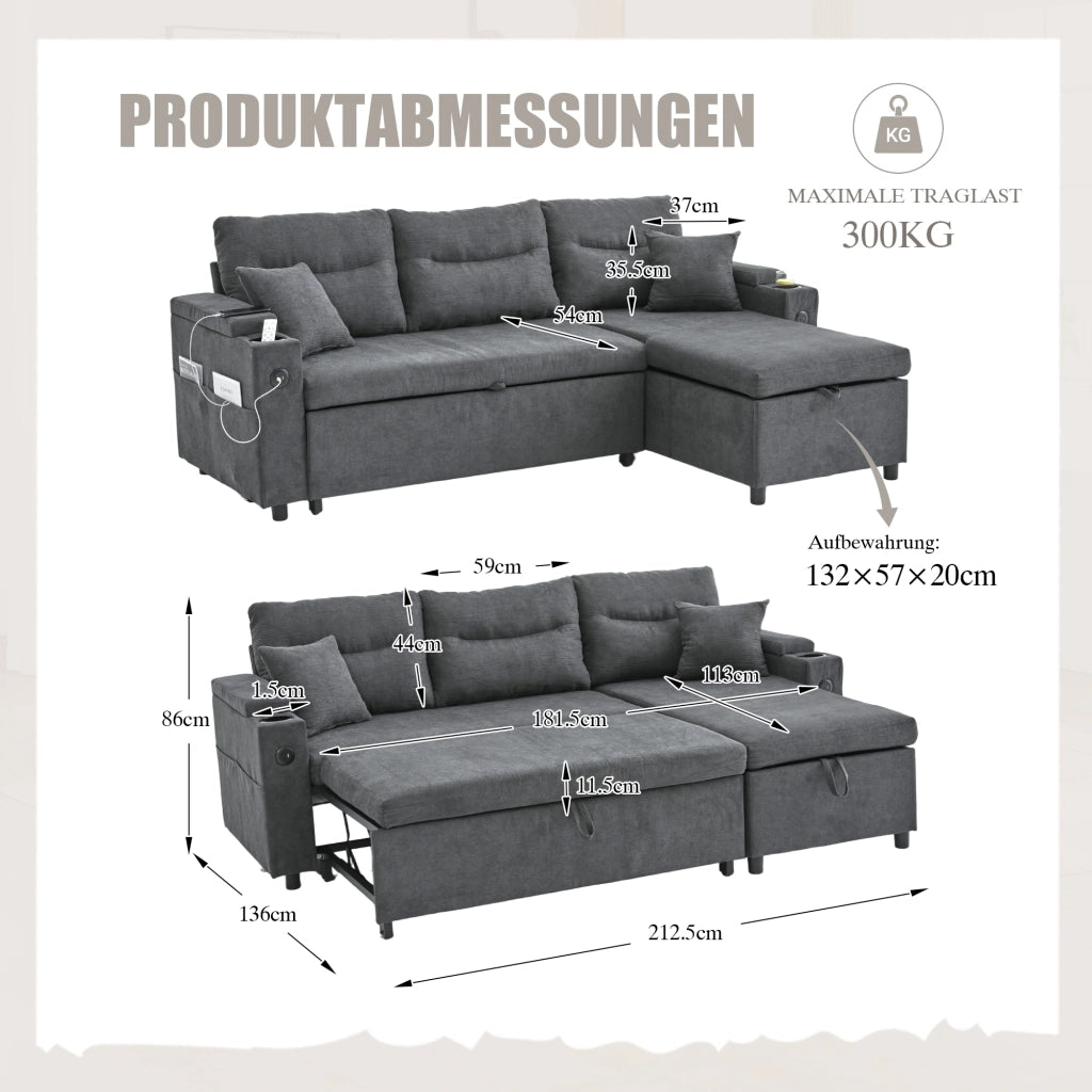 Divano letto 3 posti 212;5x136 cm con chaise longue contenitore; USB-C e portabevande; lino grigio scuro