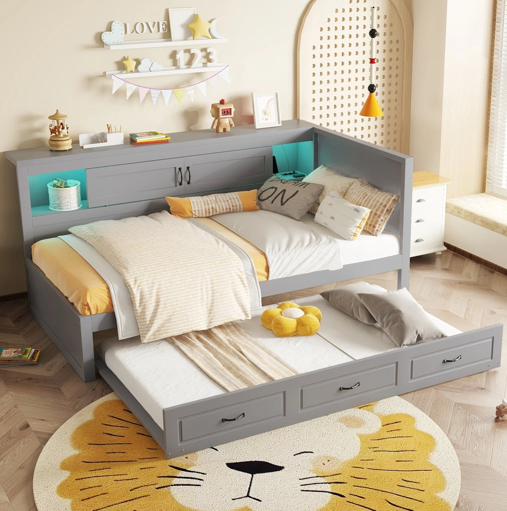 Divano letto 204,5x117,4x91,5 cm con letto estraibile, contenitore, LED e USB in truciolato grigio