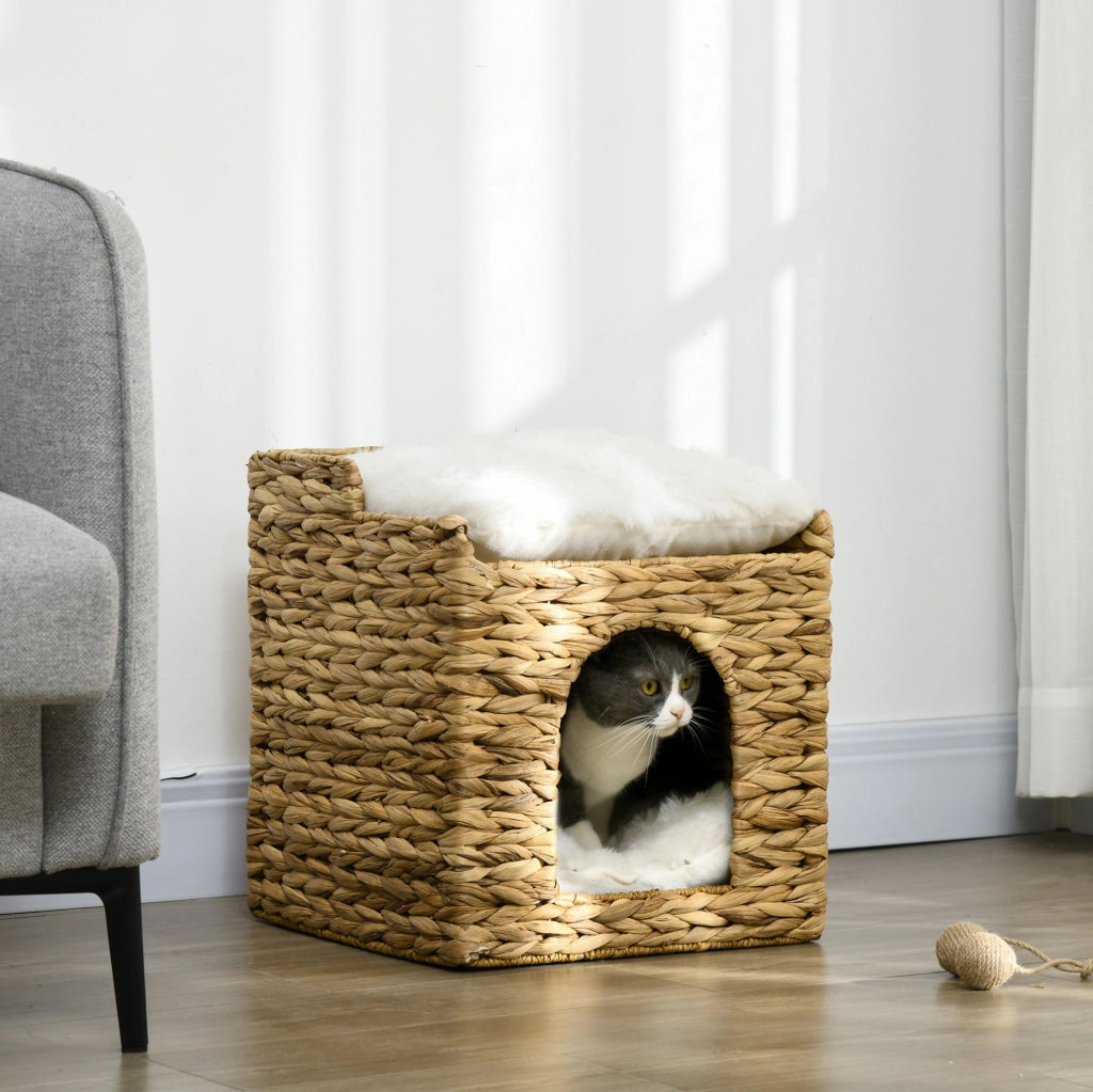 Cuccia per gatti in rattan 37,5 x 37,5 x 41,5 cm marrone, 2 livelli con cuscini