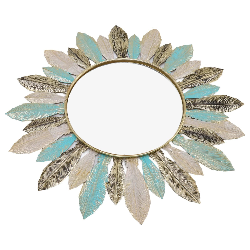 Decorazione da parete in metallo con specchio, design a piume, 41x41 cm