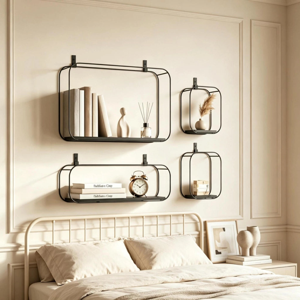 Set di 4 mensole da parete in metallo e MDF nere