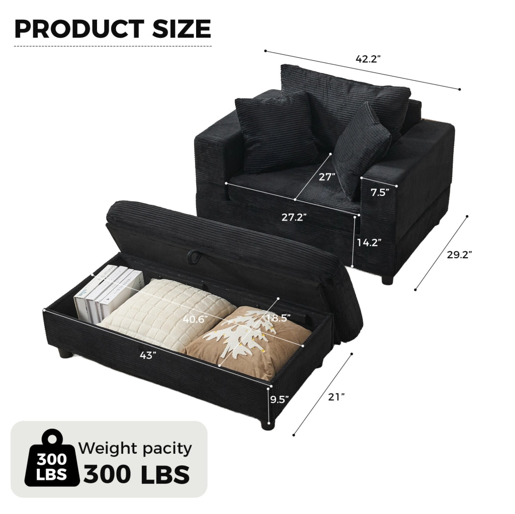 Chaise longue nera in tessuto a coste con vano contenitore
