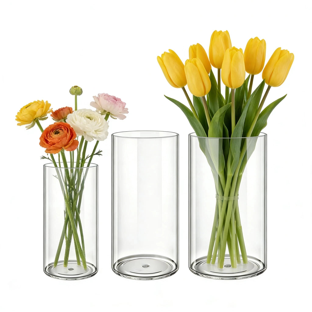 Set di 3 vasi rotondi in acrilico trasparente, dimensioni: 10x20 cm, 12x25 cm e 15x25 cm
