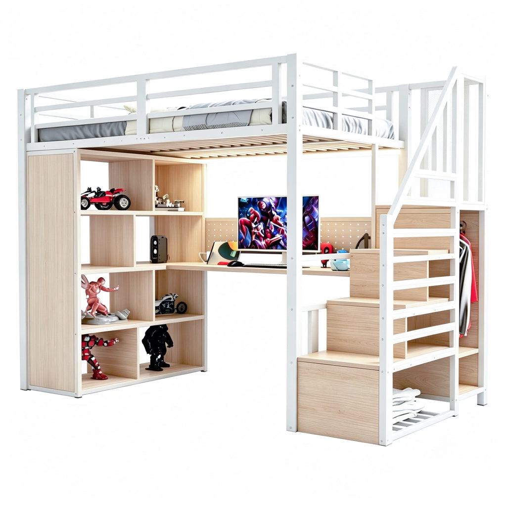 Letto a soppalco in metallo 90x200 cm con armadio, scrivania e scaletta, bianco