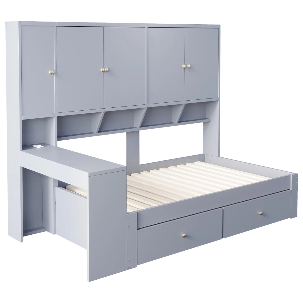 Letto singolo multifunzionale 90 × 200 cm con scrivania armadi cassetti LED prese grigio in MDF e compensato