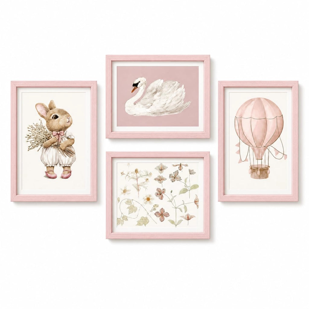 4 stampe artistiche per bambini – conigli, fiori, cigni, mongolfiera – formato A4