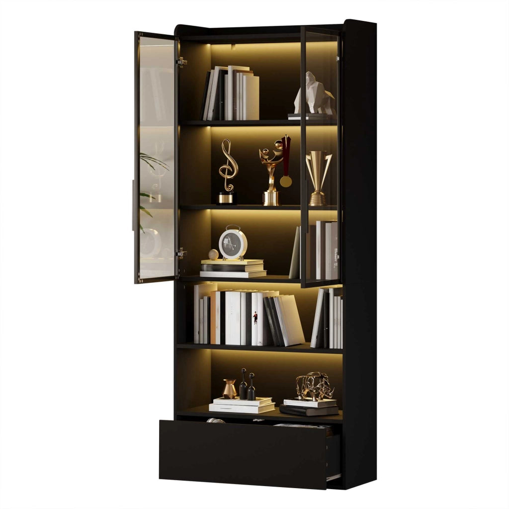 Letto contenitore 80x34 cm con LED; USB/Type-C; cassetti; MDF e glass; nero – SuerZaro