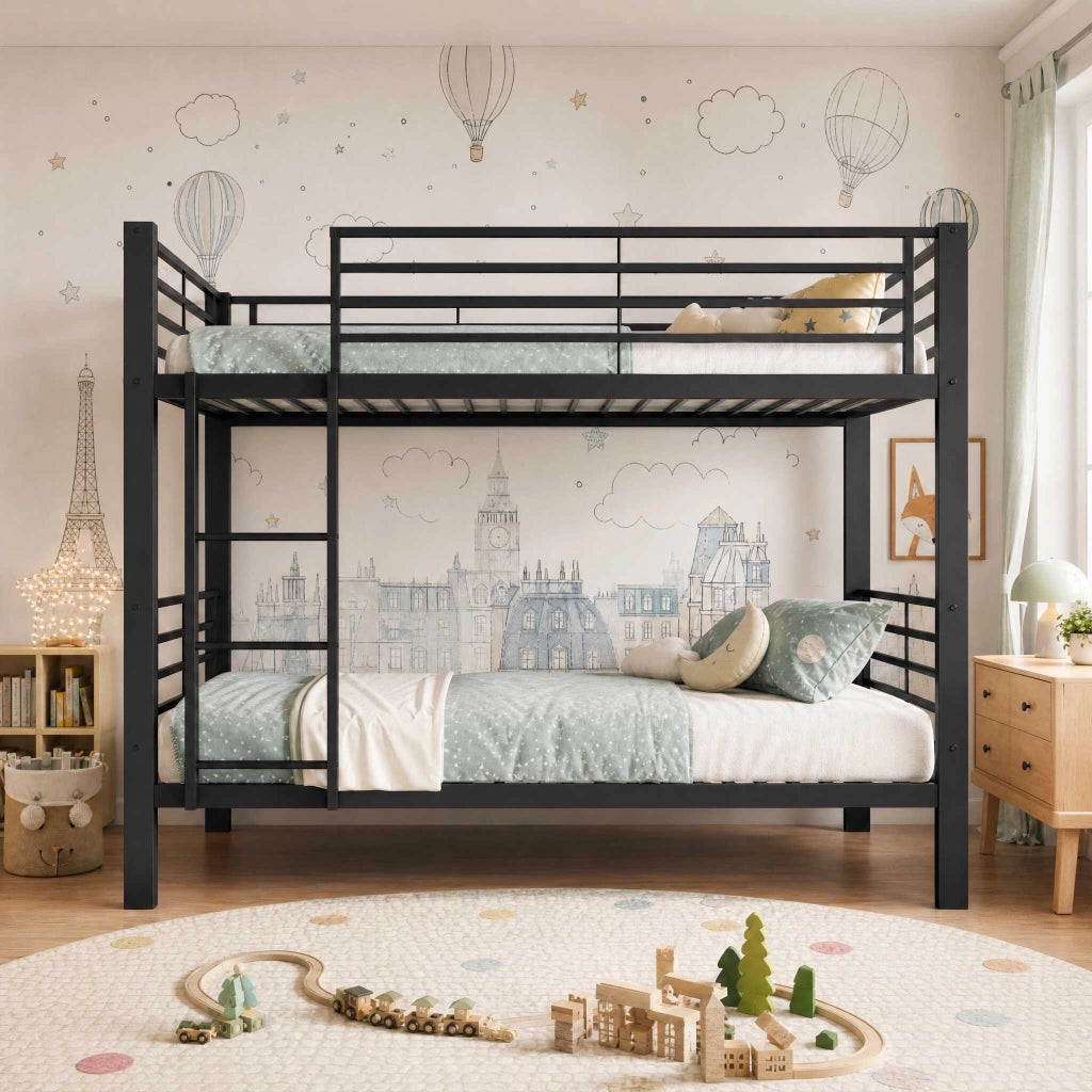 Letto a castello in metallo 90x200 cm con rete e scala reversibile; nero