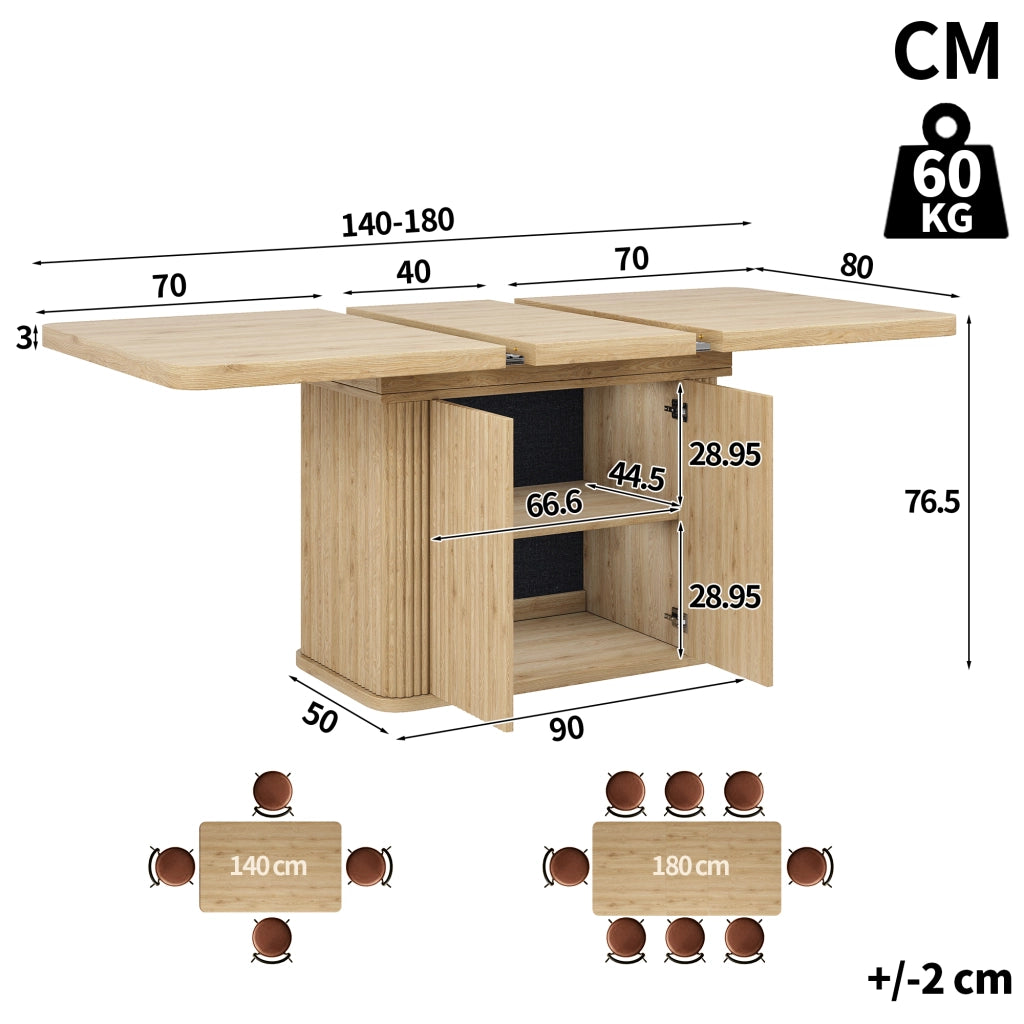 Tavolo da pranzo allungabile con vano contenitore a scomparsa 140 a 180 cm in MDF e metallo con piedini regolabili