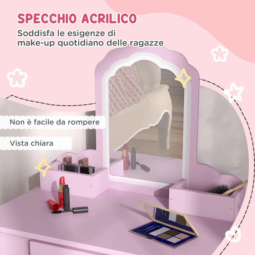 Set Toeletta per Bambini con Specchio e Sgabello in Legno Tavolo da Trucco con Cassetto per Cameretta Rosa