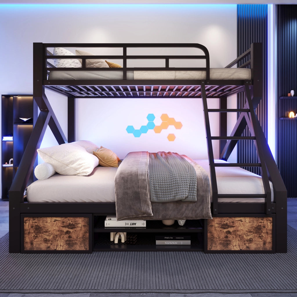 Letto a Castello 90x200/140x200 con Rangement Integrato; LED; Sponde di Sicurezza LEMONMAX Salvaspazio per Camera Bambini