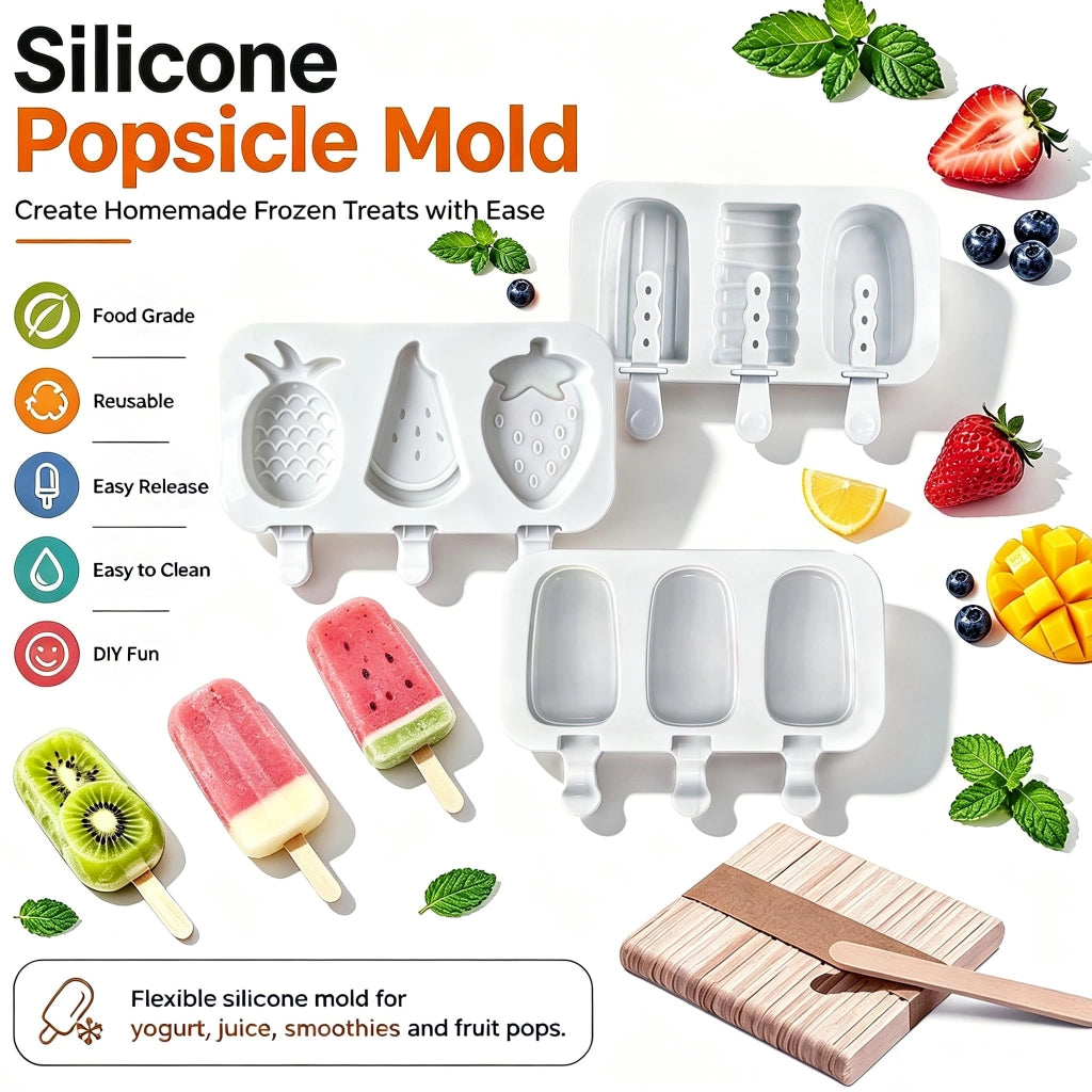 Set di 3 stampi per ghiaccio, con 50 bastoncini di legno, senza BPA, in silicone