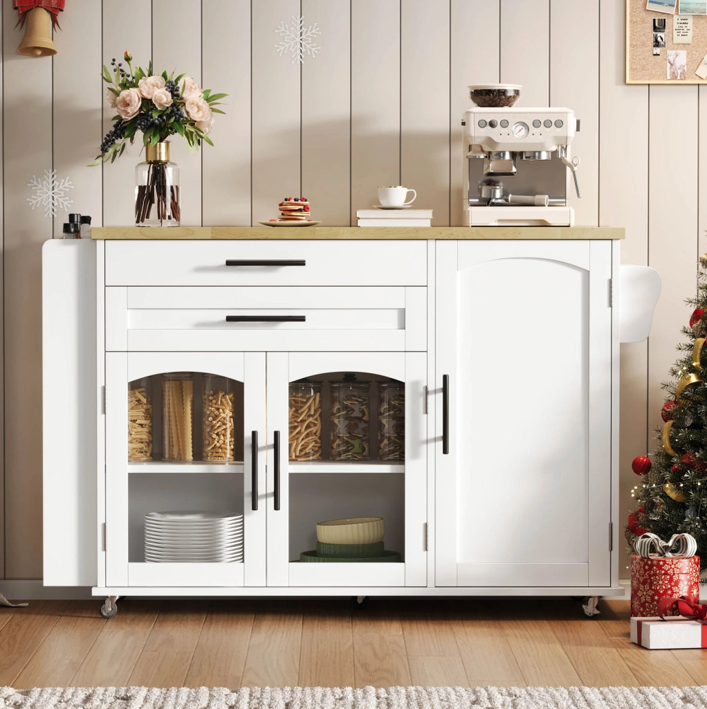 Isola cucina mobile con piano ribaltabile e 5 ruote in MDF naturale e bianco