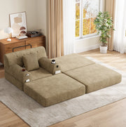 Poltrona letto in velluto a coste color cachi con tasche e portabicchieri