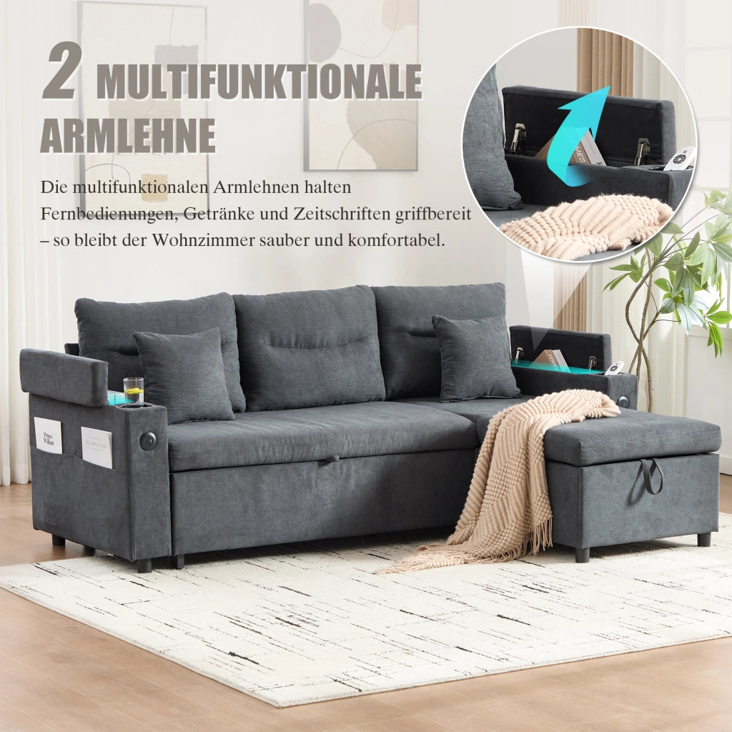 Divano letto 3 posti 212;5x136 cm con chaise longue contenitore; USB-C e portabevande; lino grigio scuro
