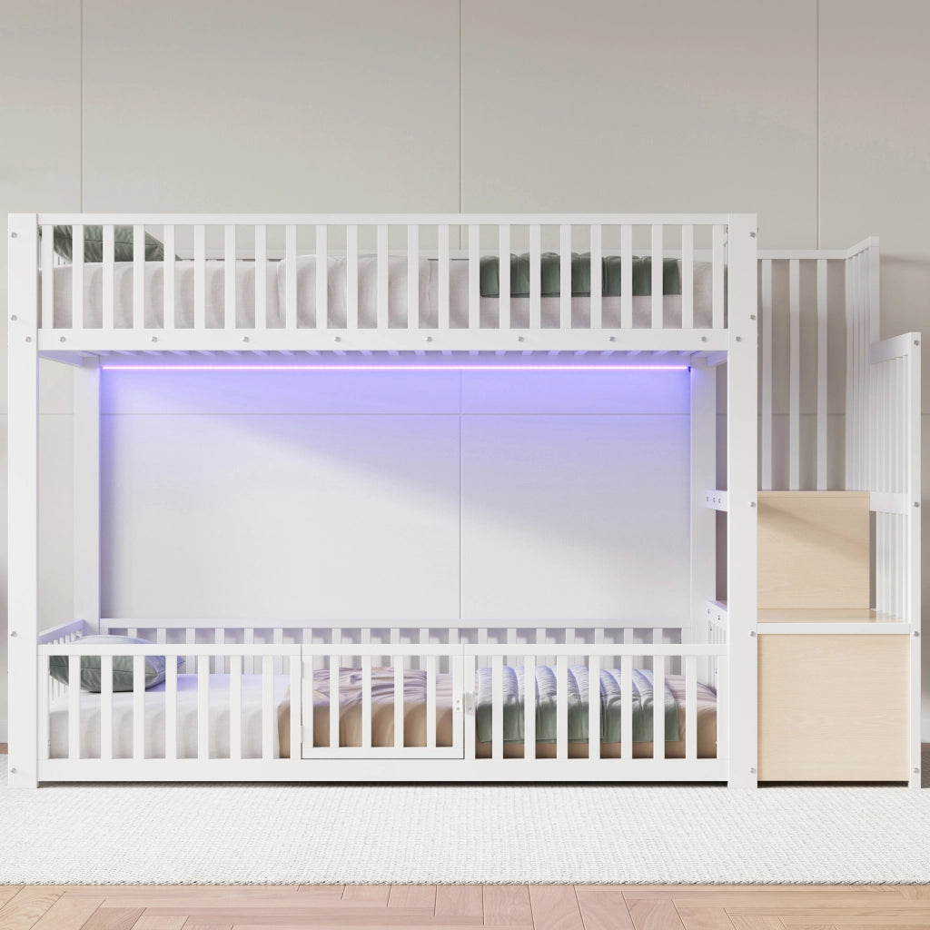 Letto a castello 90x200 cm; scala contenitore; LED; bianco