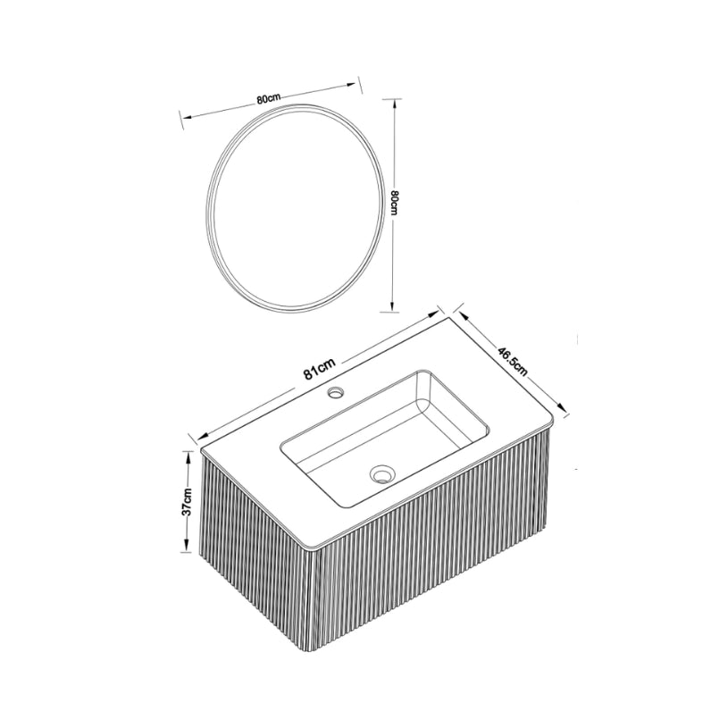 Mobile bagno sospeso con lavabo integrato in pietra ricostruita, specchio LED rotondo 80 cm, finitura rovere