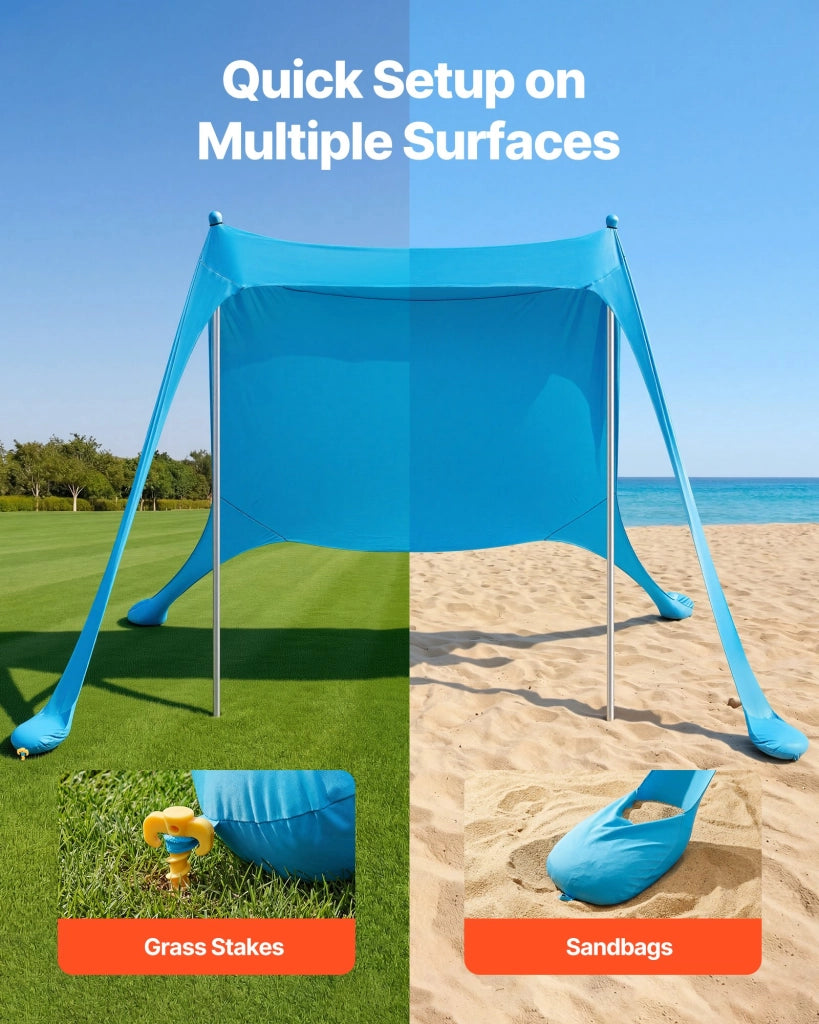 Tenda Parasole da Spiaggia Portatile TM002 2,3 x 2,3 x 2 m Protezione UPF50+ con Pali di Supporto per Campeggio e Giardino Blu