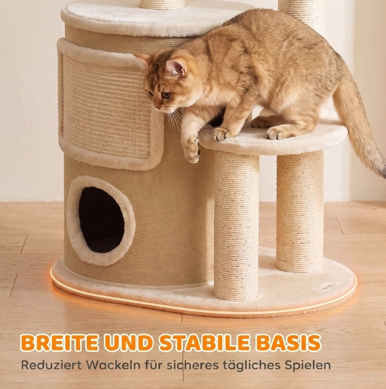 Tiragraffi per gatti beige a quattro livelli con cuccia e letto rialzato