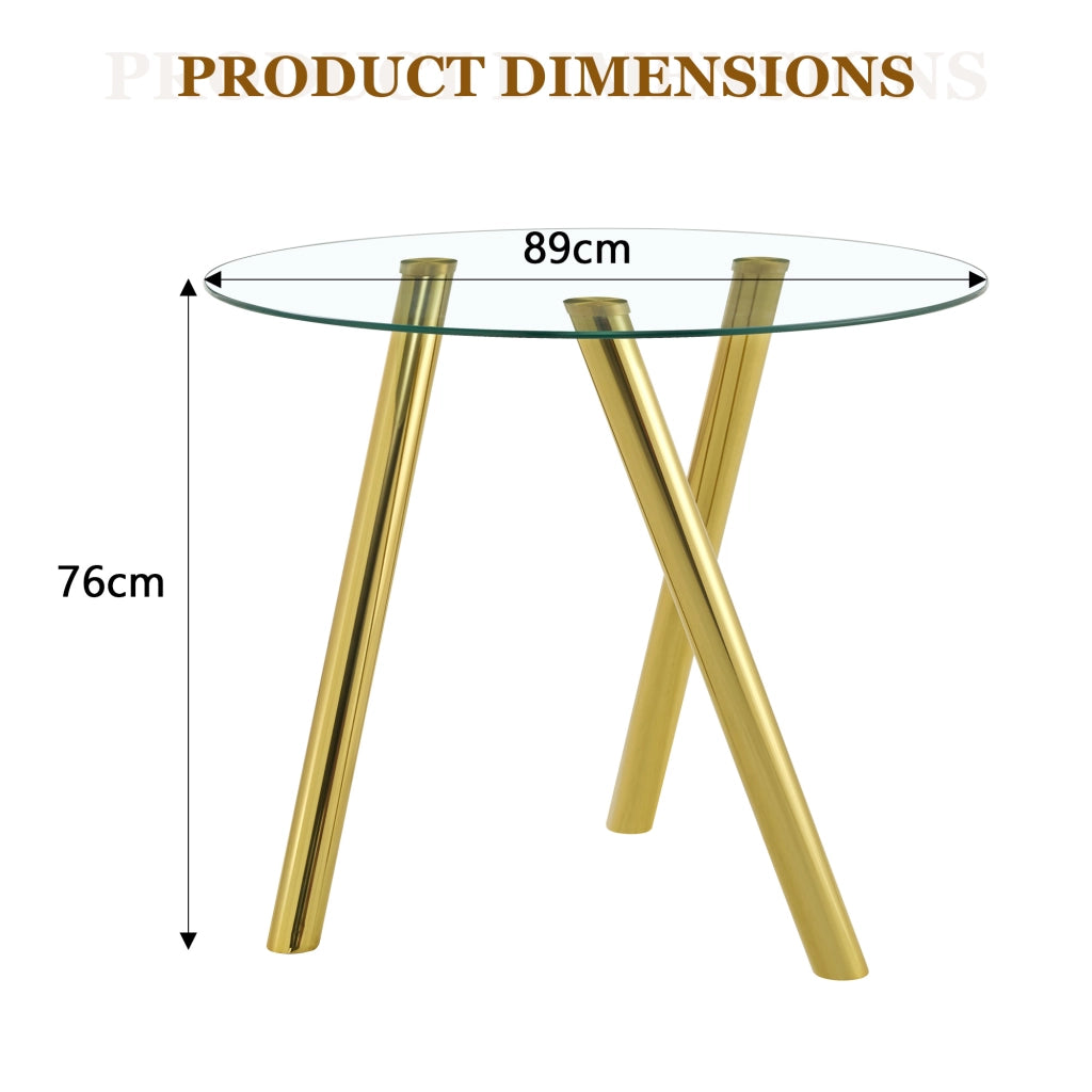 Tavolo da pranzo rotondo in vetro temperato con gambe in metallo color oro design per sala da pranzo