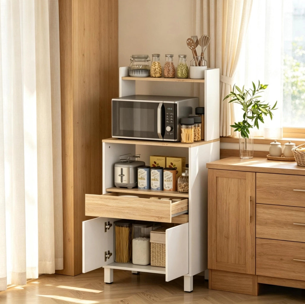 Mobile per microonde con cassetto e ripiani, 60 x 40 x 131 cm, bianco e rovere