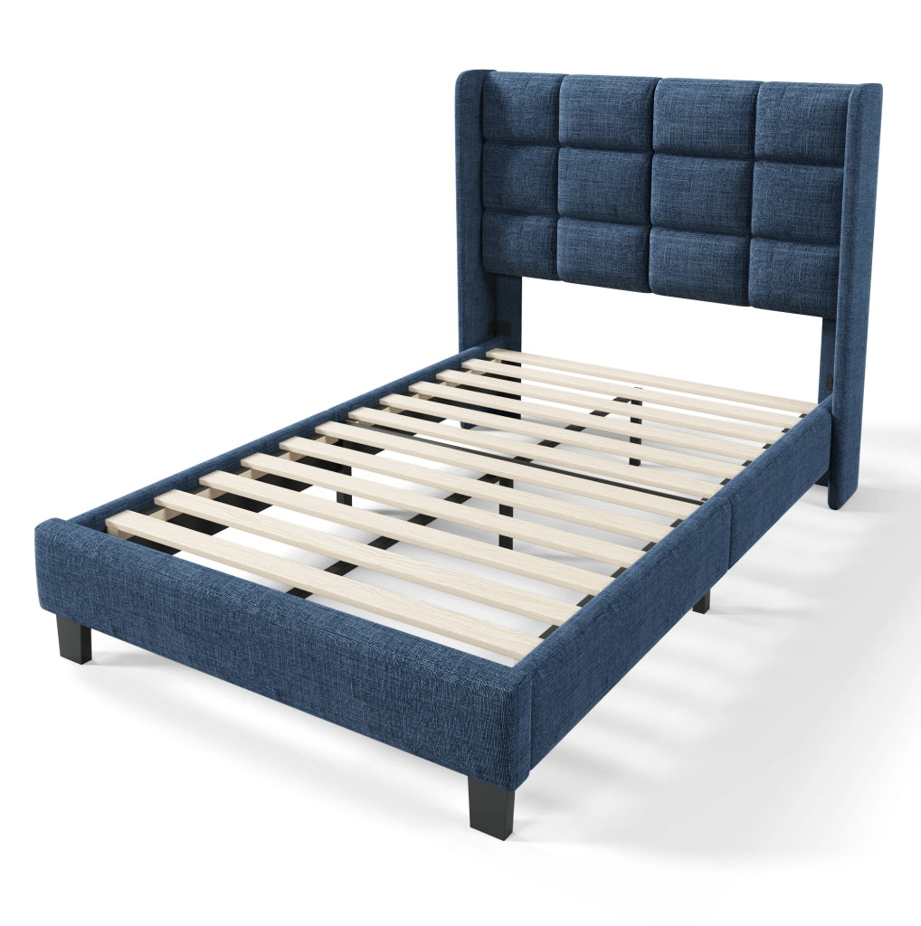 Letto Singolo Moderno con Testiera Imbottita, Rete a Doghe 90x200 cm, Tessuto Blu Lino, Montaggio Incluso, Senza Materasso
