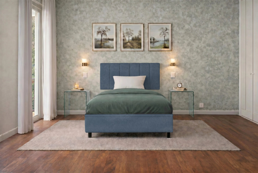 Letto Singolo Contenitore Imbottito 80x190 cm Microfibra Blu BoxMax Testata Vertical