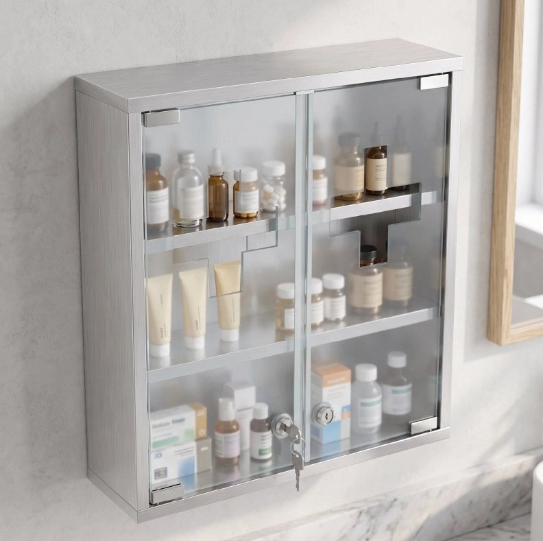 Armadio portamedicinali da parete in acciaio inox con porta in vetro satinato e serratura, 48 x 46 x 12 cm, argento