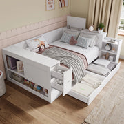 Letto contenitore 140x200 cm in MDF bianco con cassetti; armadietti e comodino integrato