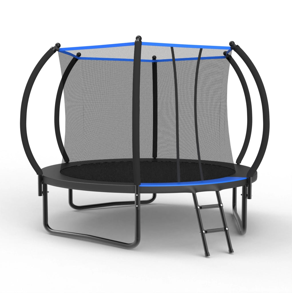Trampolino rotondo 305 cm in acciaio nero e blu, rete di sicurezza, scala, da giardino
