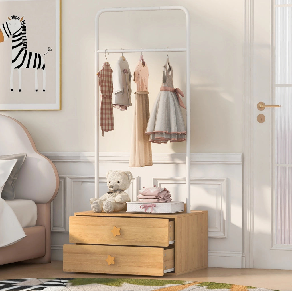 Stender appendiabiti per bambini con 2 cassetti, bianco e legno
