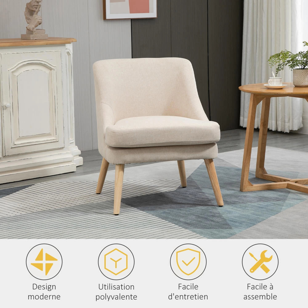 Poltrona Scandinava da Salotto in Tessuto Effetto Lino Beige con Gambe in Legno Massello Poltroncina Ergonomica per Camera da Letto e Soggiorno