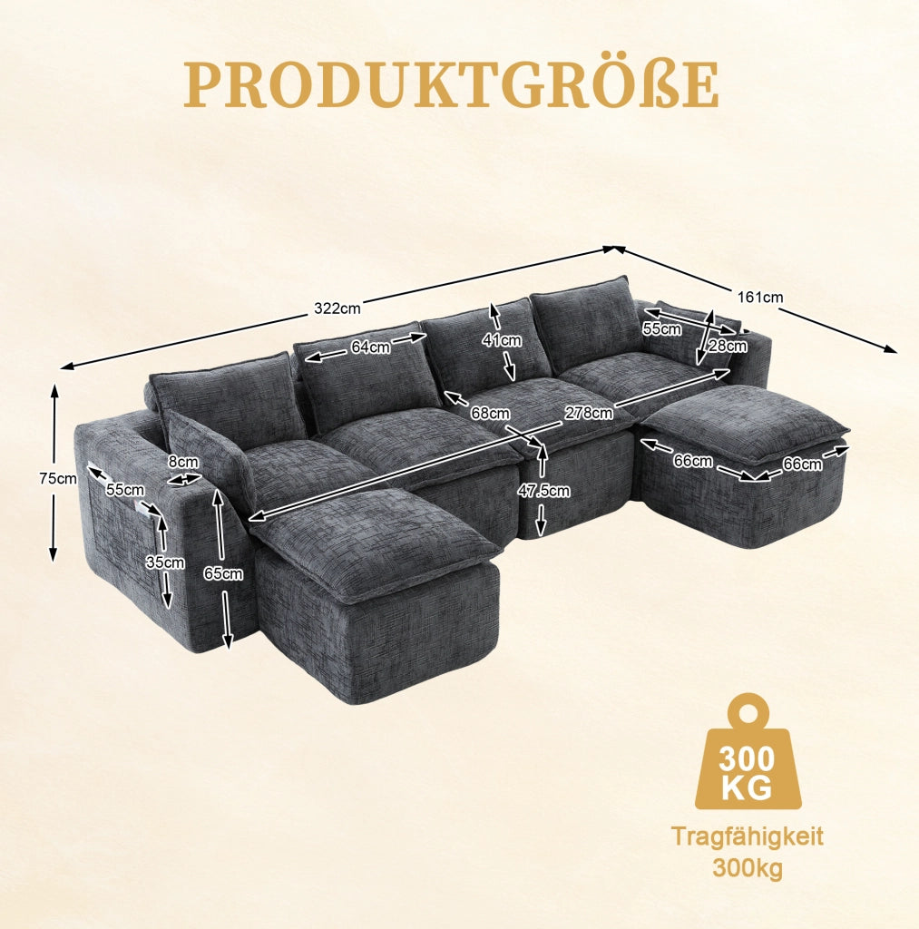Divano modulare in ciniglia grigio scuro con pouf e cuscini