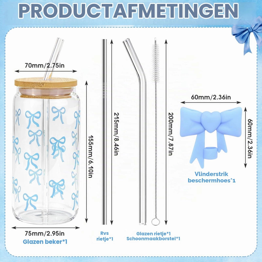 Set di bicchieri in vetro con coperchio e cannucce, capacità 40 ml, colore blu