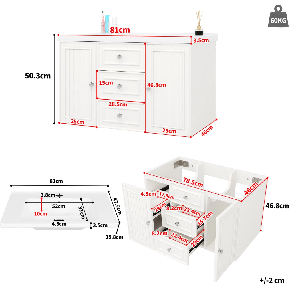 Mobile bagno sospeso con lavabo in ceramica bianco 78,5x46x46,8 cm con 3 cassetti
