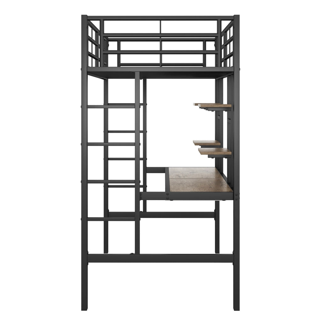 Letto a soppalco in metallo con scrivania e due scaffali, 90x200 cm, nero