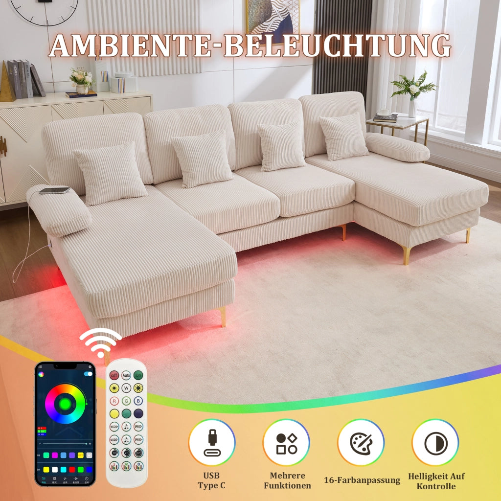 Divano panoramico a U in velluto beige con illuminazione LED porta USB struttura in legno e seduta profonda