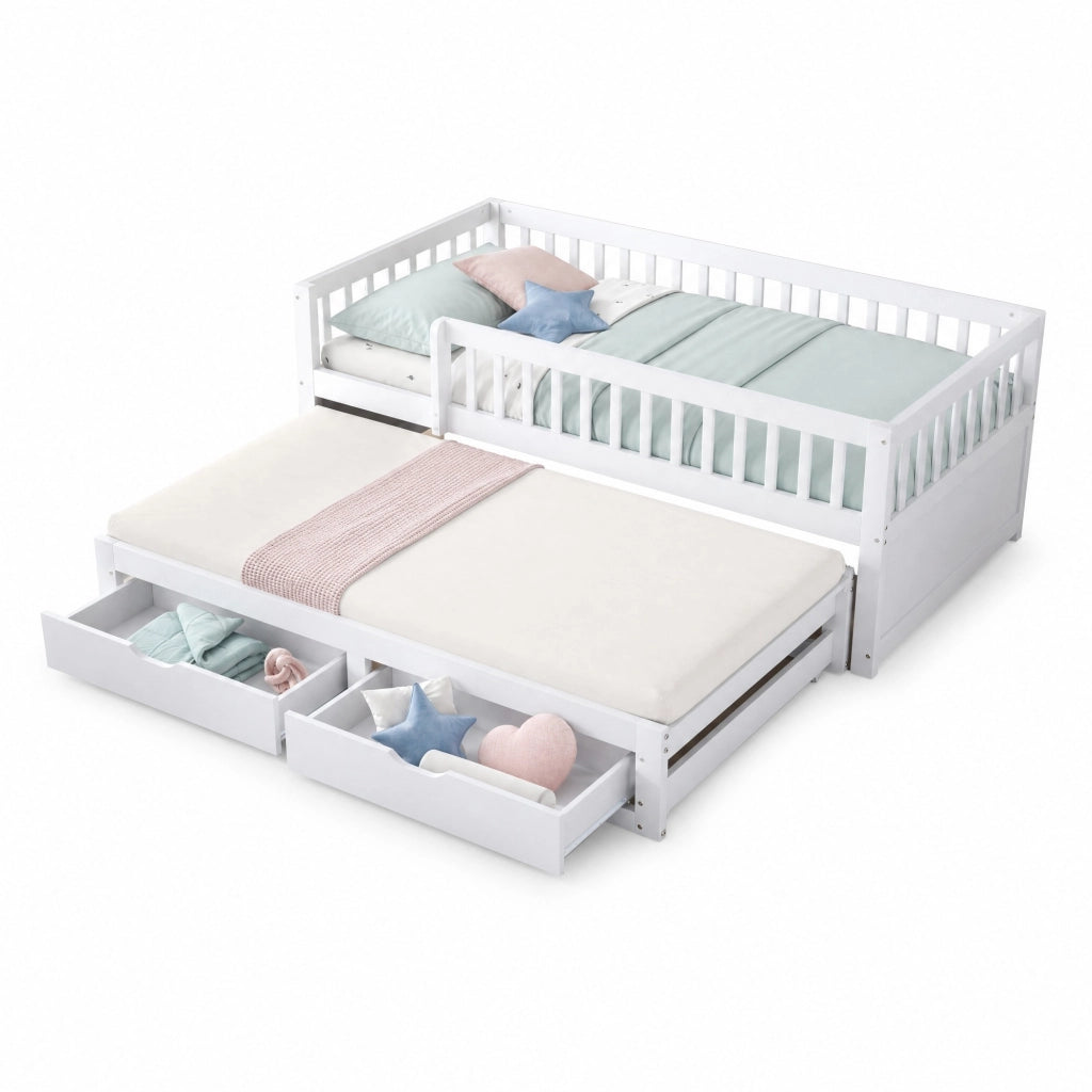 Letto divano 90x200 bianco con estraibile, 2 cassetti e 2 materassi