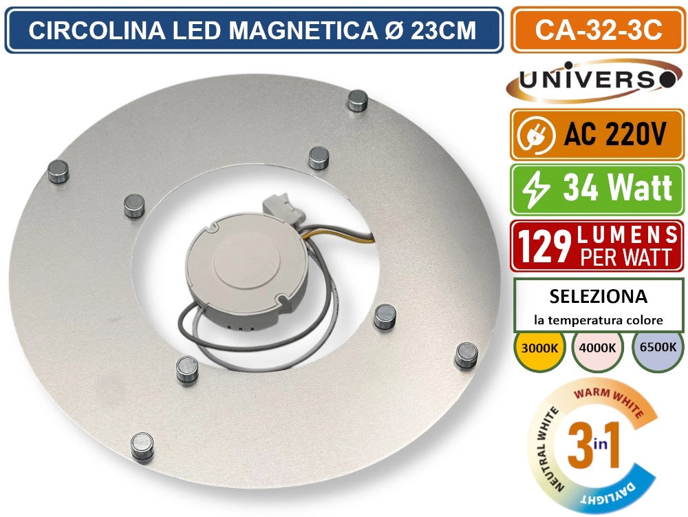 CIRCOLINA MAGNETICA NEON LED PIASTRA DISCO ANELLO PLAFONIERA CIRCOLARE LAMPADA T9 G10Q 34W Ø23CM COLORE LUCE SELEZIONABILE CCT 3IN1 3000K - 4000K -6500K
