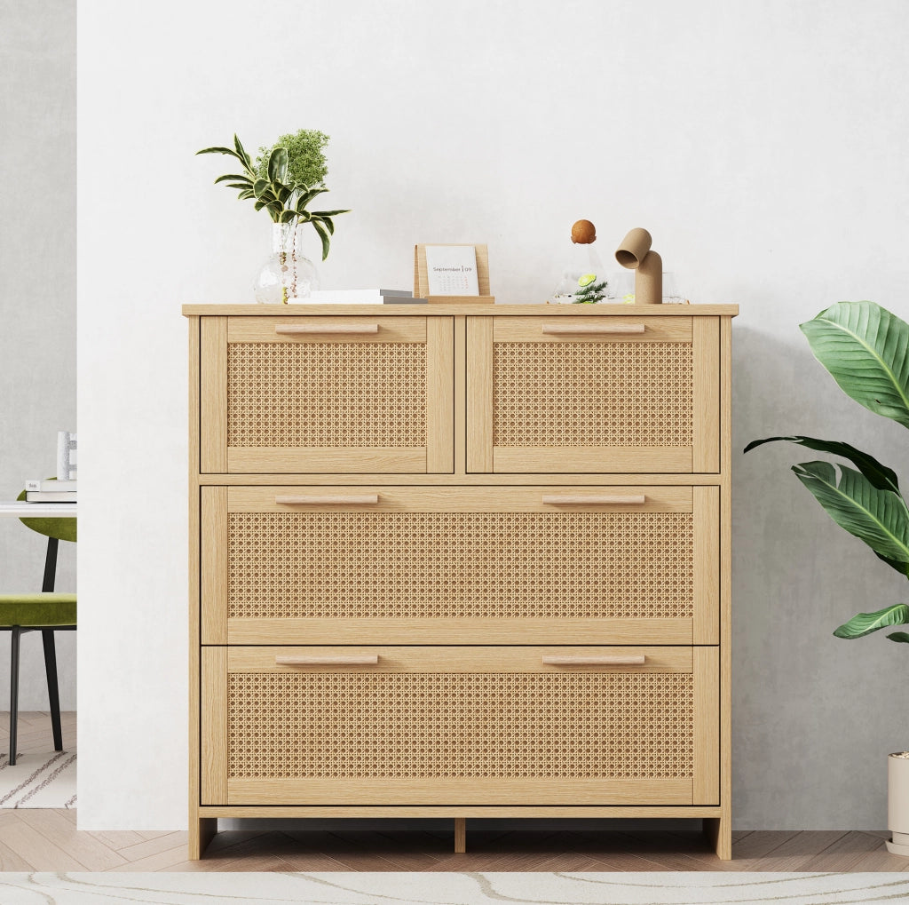 Cassettiera a 4 cassetti in rattan con struttura in legno, finitura tono chiaro, per camera da letto, soggiorno e ingresso, 80x80x38 cm