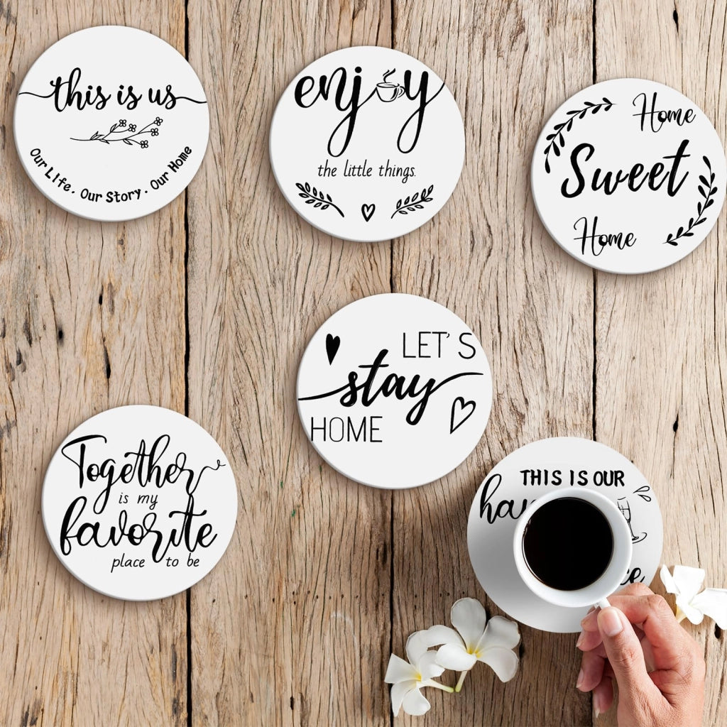 Set di 6 sottobicchieri in legno, diametro 10 cm, con supporto, stile rustico